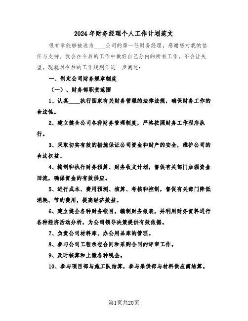 2024年财务经理个人工作计划范文（五篇）