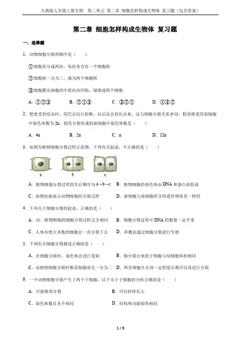 人教版七年级上册生物  第二单元 第二章 细胞怎样构成生物体 复习题(包含答案)