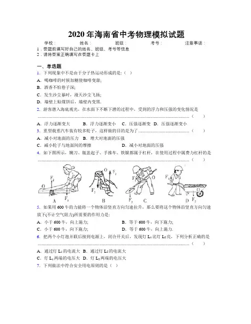 2020年海南省中考物理模拟试题附解析