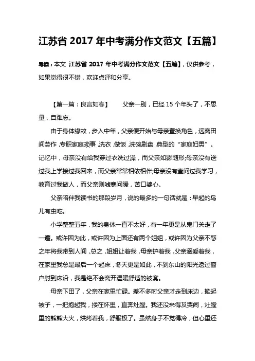 江苏省2017年中考满分作文范文【五篇】