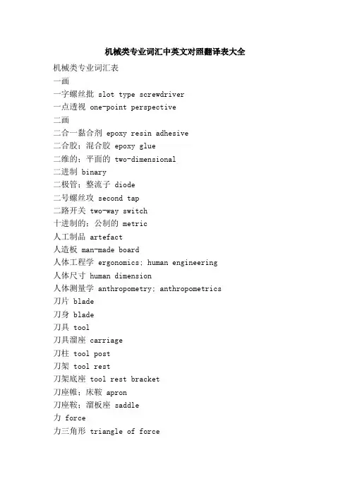 机械类专业词汇中英文对照翻译表大全
