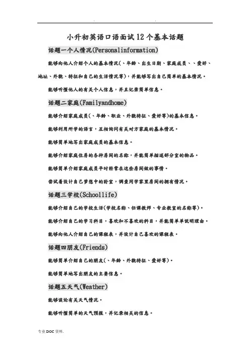 小升初英语口语面试十二个话题
