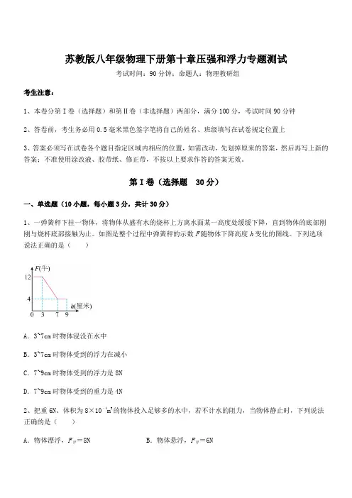 精品解析2022年最新苏教版八年级物理下册第十章压强和浮力专题测试试题(含答案解析)