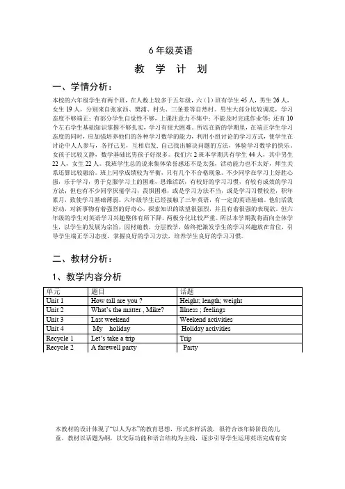 人教精通版六年级英语下册教案教学计划