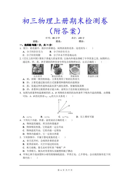 初三物理上学期期末试卷及答案
