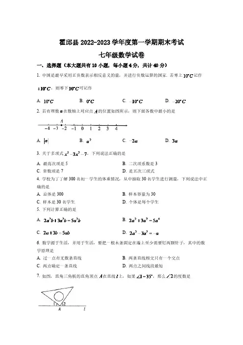 安徽省六安市霍邱县2022-2023学年七年级上学期期末考试数学试卷(含答案)