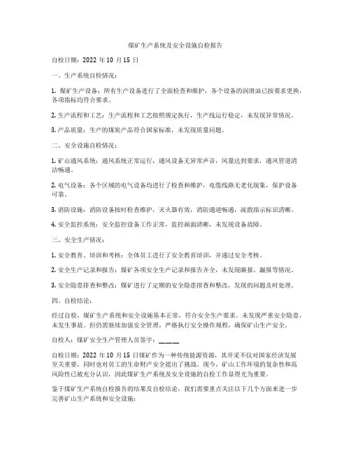 煤矿生产系统及安全设施自检报告