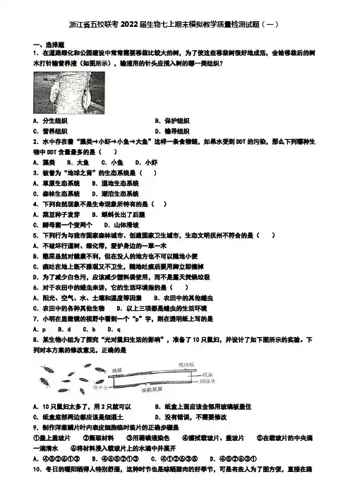 浙江省五校联考2022届生物七上期末模拟教学质量检测试题(一)