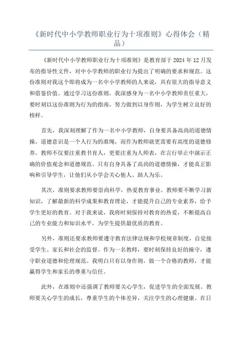 《新时代中小学教师职业行为十项准则》心得体会(精品)