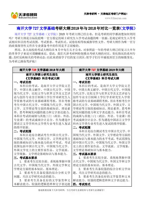 南开大学727文学基础考研大纲2019年与2018年对比一览表(文学院)