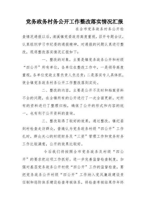 党务政务村务公开工作整改落实情况汇报