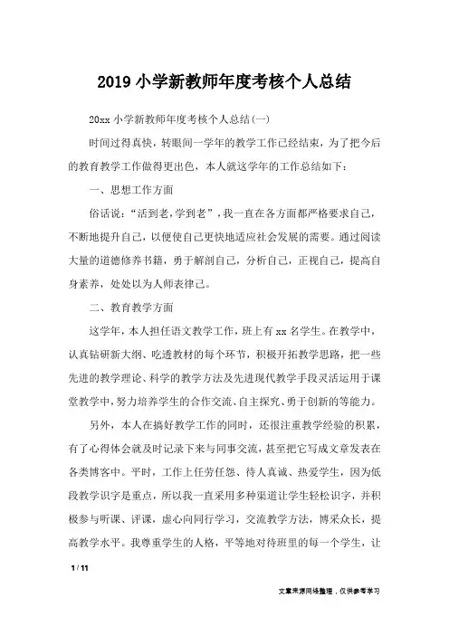 2019小学新教师年度考核个人总结_工作总结