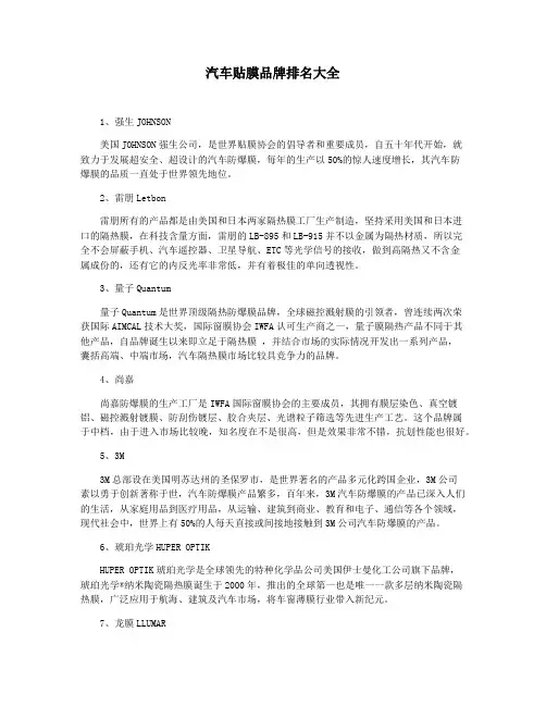 汽车贴膜品牌排名大全