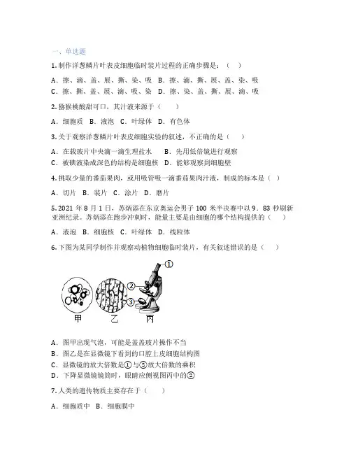 人教版生物 七年级上册 第二节 植物细胞 课后练习题