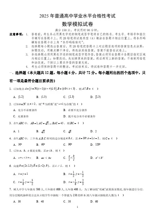2025年高中学业水平合格性考试数学模拟试卷试题(含答案解析)
