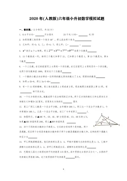 2020年(人教版)六年级小升初数学模拟试题6