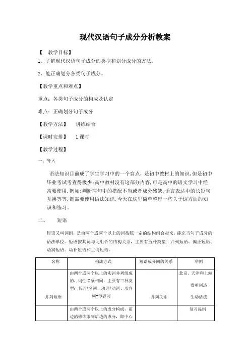 语文人教版八年级下册现代汉语句子成分分析教案
