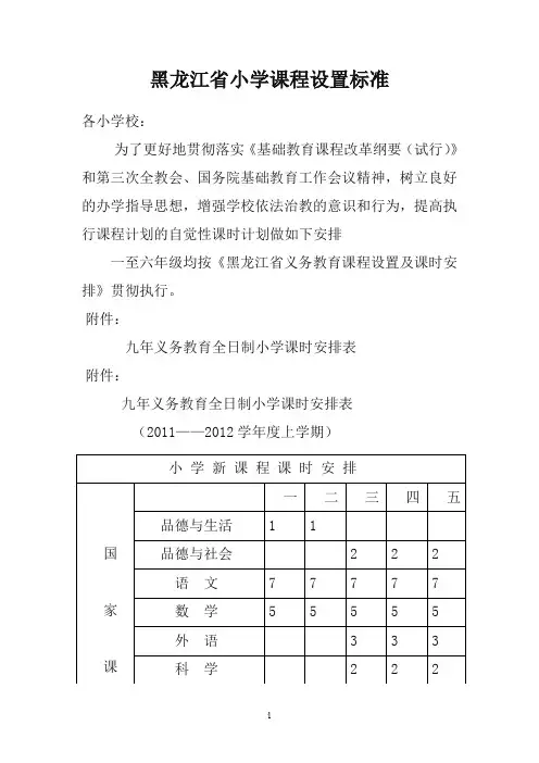黑龙江省小学课程设置标准