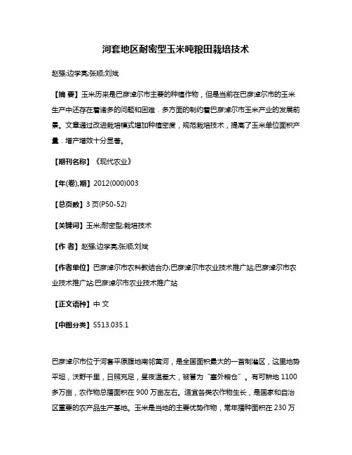 河套地区耐密型玉米吨粮田栽培技术