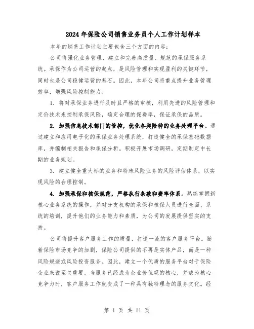2024年保险公司销售业务员个人工作计划样本（五篇）