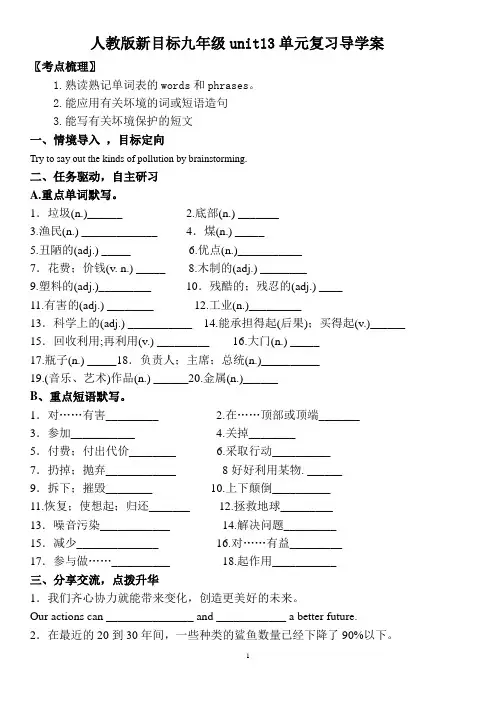 人教版新目标九年级英语unit13We’re trying to save the earth! 单元复习导学案