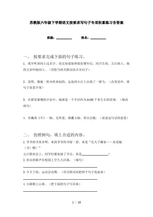 苏教版六年级下学期语文按要求写句子专项积累练习含答案
