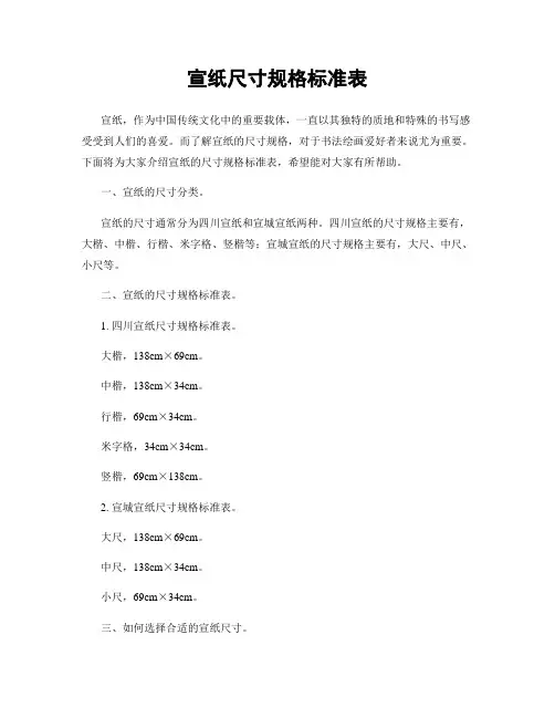 宣纸尺寸规格标准表