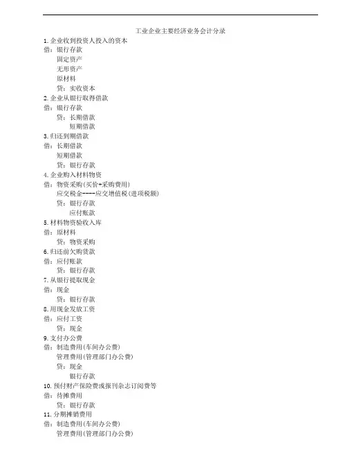 工业企业主要经济业务会计分录