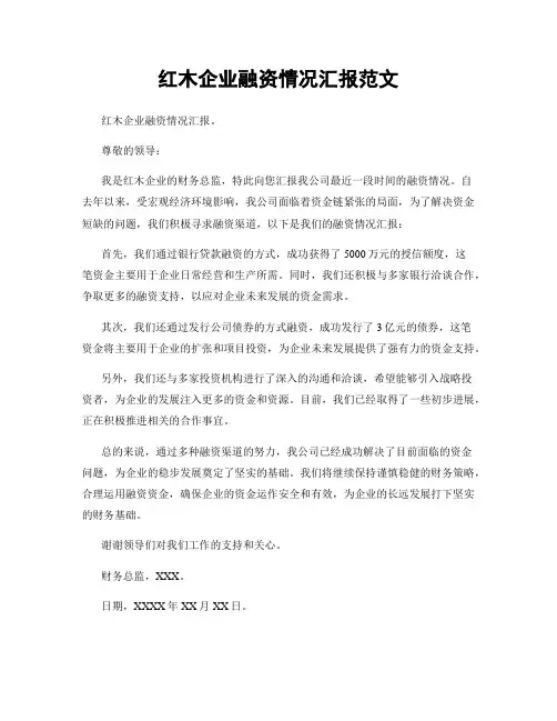 红木企业融资情况汇报范文