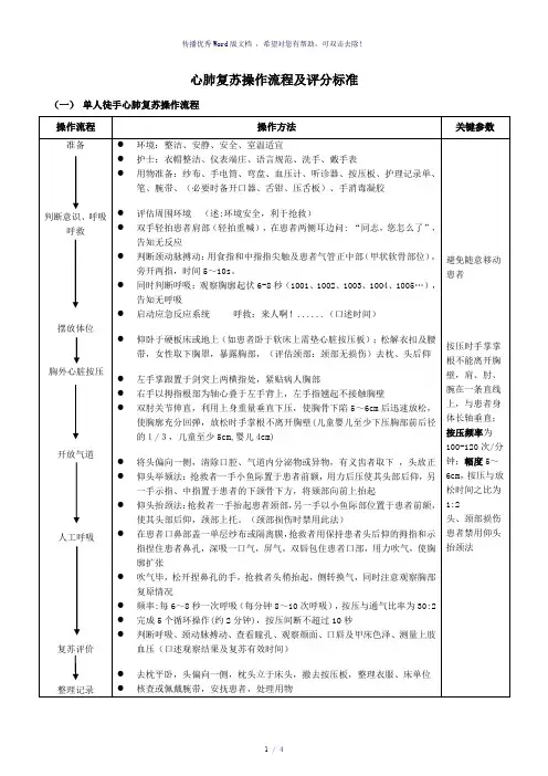 单人心肺复苏操作流程及评分标准(参考模板)