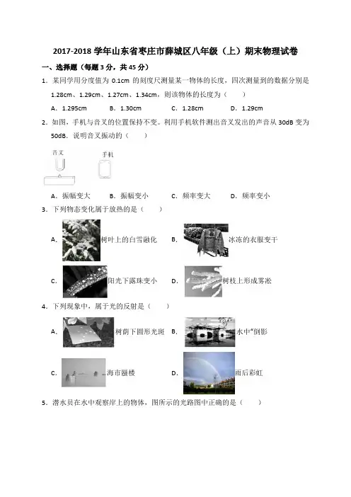 2017-2018学年山东省枣庄市薛城区八年级(上)期末物理试卷(解析版)