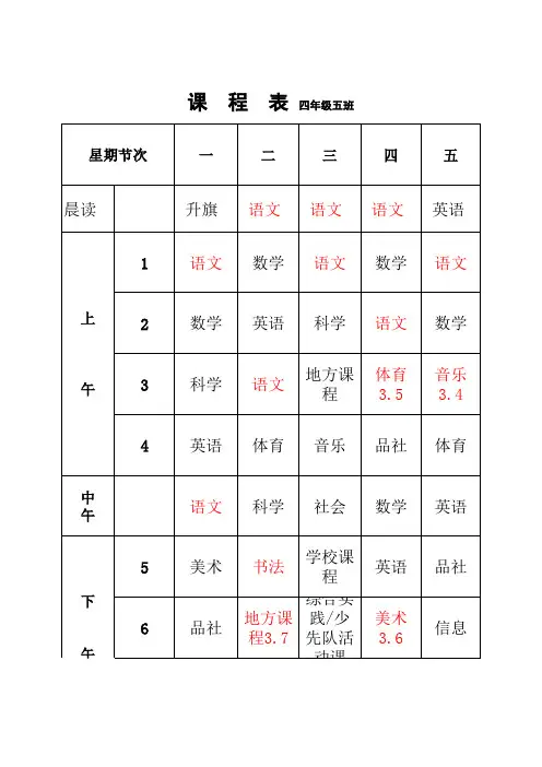 四年级五班 课程表