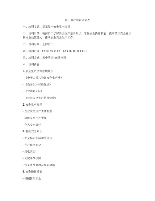 复工复产培训计划表