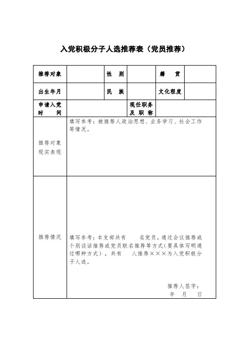 入党积极分子人选推荐表(党员推荐)