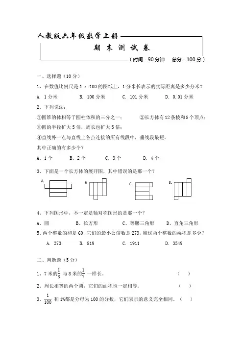 2020人教版六年级数学上册 期末综合检测试卷含答案