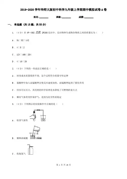 2019-2020学年华师大版初中科学九年级上学期期中模拟试卷A卷