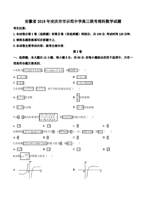 精品解析：【市级联考】安徽省安庆市市示范中学2019届髙三联考理科数学试题(原卷版)