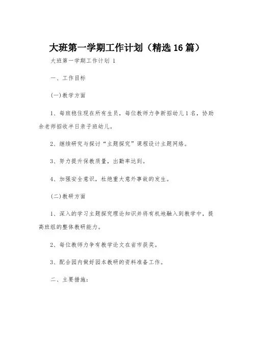 大班第一学期工作计划(精选16篇)