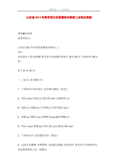 山东省2014年高考语文仿真模拟冲刺卷二试卷及答案(word版)