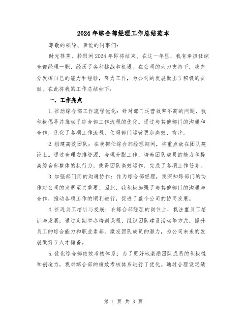 2024年综合部经理工作总结范本（2篇）