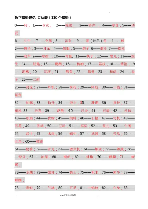 数字编码记忆_口诀表