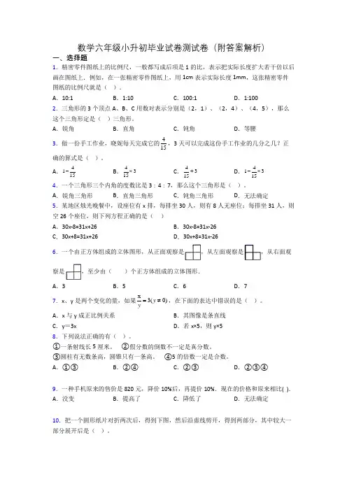 数学六年级小升初毕业试卷测试卷(附答案解析)