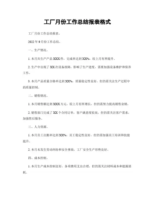 工厂月份工作总结报表格式