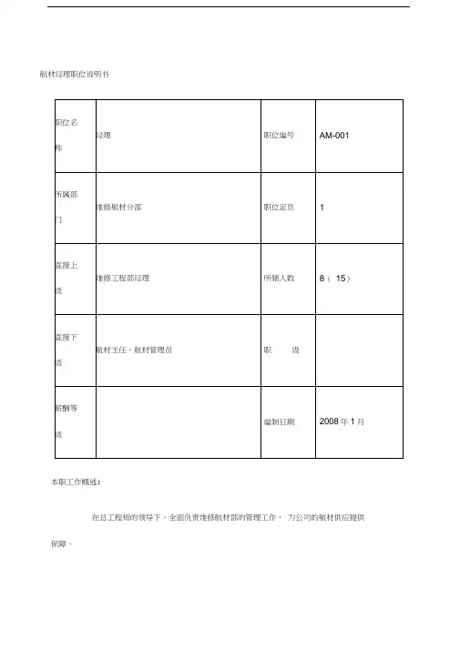 航空物流公司航材经理职位说明书及关键绩效标准