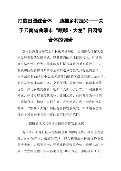 打造田园综合体助推乡村振兴——关于云南省曲靖市“麒麟·大龙”田园综合体的调研