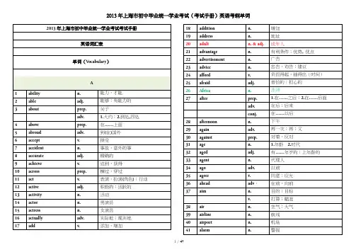 2013年上海市中考英语考试词汇完整版、自默版