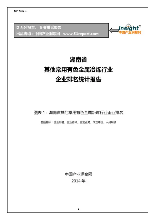 湖南省其他常用有色金属冶炼行业企业排名统计报告