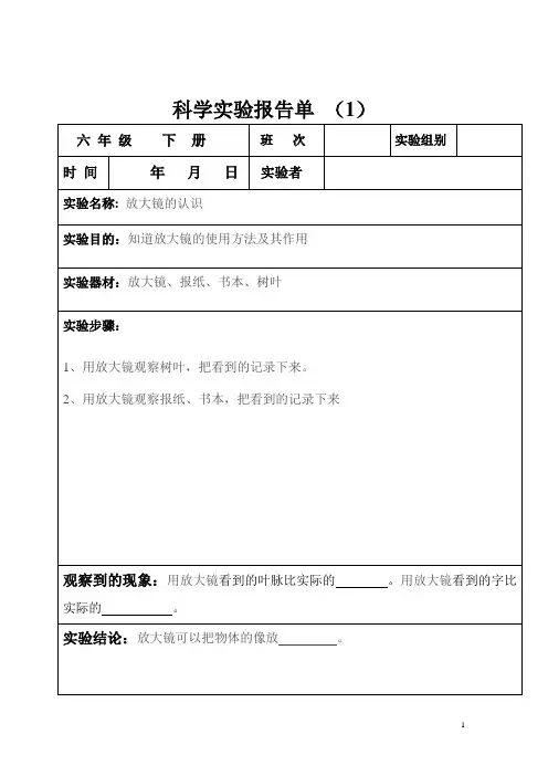 (六年级下册)科学实验报告单