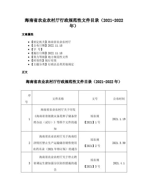 海南省农业农村厅行政规范性文件目录（2021-2022年）