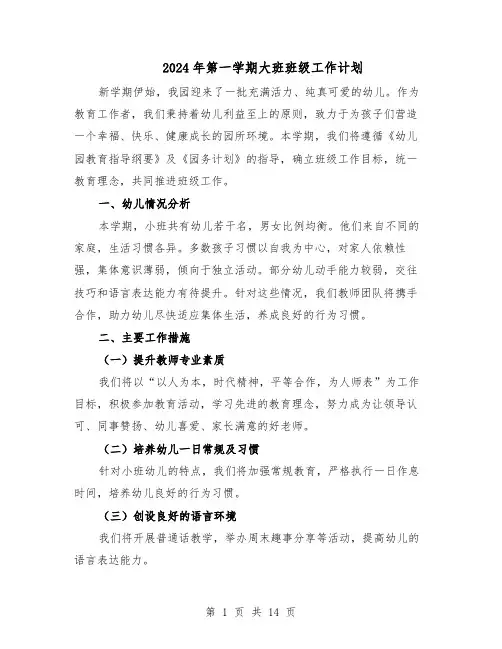 2024年第一学期大班班级工作计划（6篇）